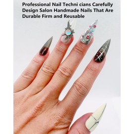 CAMILCY Press on Nails Handmade Nails Luxury Reusable Fake Nails For Girls long Almond Armor Tip Black Silver Diamonds Hand Painted Salon Loveful Design Acrylic GelUV Finished For Women 3DNails10PCS S