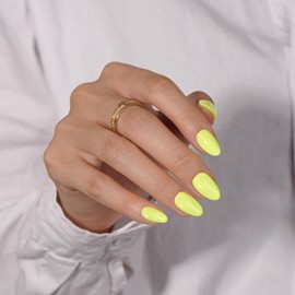 KQueenest Neon Yellow Press on Nails Short Oval, Short False Nails with Glue, Opaque Vibrant Solid Bright Yellow Fake Nails Press ons, Reusable Soft Gel Stick on Nail for Women, 24 Pcs