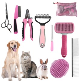 KUEIOX Dog Brush for Shedding,9 PCS in One Pet Slicker Hair Brush Kit with Pet Nail Clipper and File - Dog Cat Grooming Deshedding Undercoat Rake Brush Comb for All Small Large Dogs Cats Pink