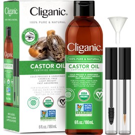 Cliganic Organic Castor Oil, 100% Pure (6oz with Eyelash Kit) - For Eyelashes, Eyebrows, Hair & Skin