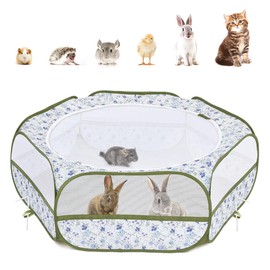 Pawaboo Small Animals Playpen, Waterproof Small Pet Cage Tent with Zippered Cover, Portable Outdoor Yard Fence with 3 Metal Rod for Chick/Kitten/Puppy/Guinea Pig/Rabbits/Hamster, Blue + White Flower