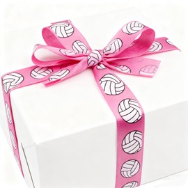 2 Rolls Volleyball Ribbon, 1.9cm/0.74 Inch Wide 16 Yard Pink and White Pattern Sports Satin Ribbon for DIY Hair Ties, Bows, Crafting, Wedding Gift Wrapping, Team Decor, Party (Pink)