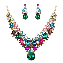 BriLove Costume Fashion Jewelry Set for Women Crystal Teardrop Marquise Butterfly Filigree Enamel Statement Neckalce Dangle Earrings Multicolor Colorful Gold-Toned