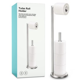 Brushed Nickel Toilet Paper Holder Stand, Bathroom Toilet Paper Roll Holder Stand with Reserve, Free Standing Toilet Paper Holder with Storage