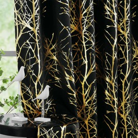 FMFUNCTEX 100% Blackout Curtains for Bedroom, Curtains 96 Inches Long Gold on Black Foil Metallic Branch Pattern Window Panels for Living Room, Modern Thermal Insulated Panels, Grommet Top 2 Panels