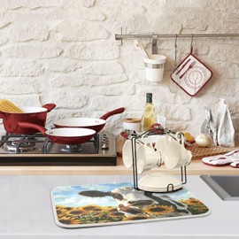 Gorgeous Large Kitchen Countertop Dish Drying Mat, Summer Farm Cow Blooming Sunflowers 18" x 24" Absorbent Slip-Resistant Table Protector Multipurpose Counter Rack Sink Drainer Pad