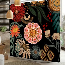 Bohemian Dahlia Floral Shower Curtain Mid Century Modern Boho Shower Curtain Sets Green Leaves Boho Flower Vintage Aesthetic Waterproof Fabric Shower Curtain Set 72x72 Inch with Hooks