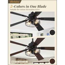 1 Pack Farmhouse 48 Ceiling Fans with Lights, Black Industrial Caged Ceiling Fans for Bedroom Living Room, Double-Sided 5 Blades Rustic Ceiling Fan-Black
