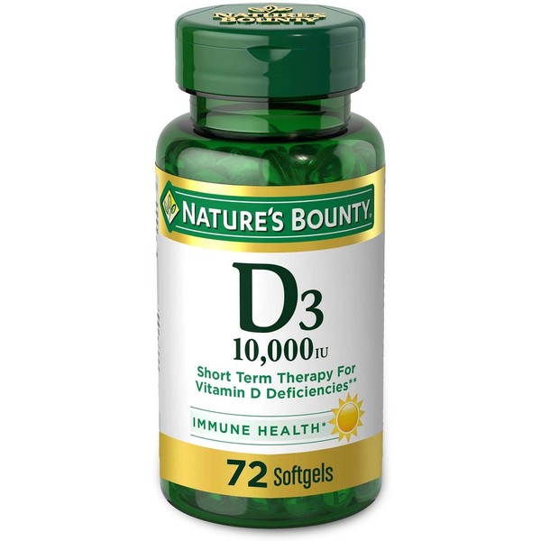 Nature's Bounty Vitamin D for Immune Support and Promotes Healthy Bones, 10000IU, Softgels, Multi-Color, 10,000 IU, 72 Count (Pack of 1)