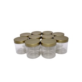 Truenova- Set of 10 x 250ml Small Round Plastic Storage Jars Kitchen/Garage Organisation Gold Flat Lids