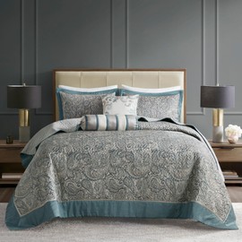 Madison Park Aubrey Reversible Quilted Bedspread Set, Solid Reverse Summer Breathable, Lightweight All Season Bedding Layer, Matching Shams, Bedspread King(120"x118") Teal 5 Piece