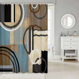 Erosebridal Brown and Blue Shower Curtain 72" Wx72 L,Oil Painting Geometry Bathroom Shower Curtain Sets,Watercolor Pastel Artwork Waterproof Bathroom Curtains,Geometric Circles Swirls Bath Curtain