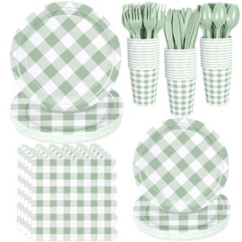 175 Pcs Sage Gingham Party Supplies for 25 Guests, Sage and White Checkered Paper Plates, Cups and Napkins Sets for Baby & Bridal Shower, Wedding, Birthday Party, Outdoor Picnic