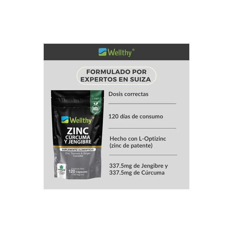 Zinc, Curcuma Y Jengibre 120 Caps Wellthy