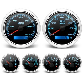 ARTILAURA 6 Gauge Set 3-3/8" 85mm GPS Speedometer, Tachometer, 2-1/16" Fuel Level, Water Temperature, Oil Pressure, Volt 7 Color Boat Gauge Kit Marine Car(Black Silver)