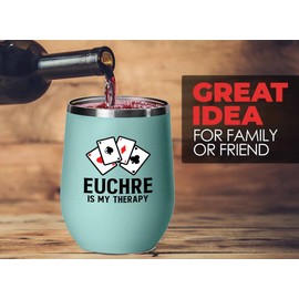 Flairy Land Euchre Teal Wine Tumbler 12oz - Euchre is my therapy - Euchre Card Game Set Euchre Score Keepers Euchre Gifts Euchre Party Supplies