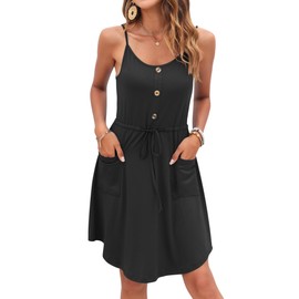 AUSELILY Womens Summer Dresses 2025 Adjustable Spaghetti Strap Sundress Drawstring Waist Beach Cover Ups with Pockets, Black M