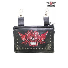 Dream Apparel Ladies Biker Studded Red & White Sugar Skull Naked Cowhide Leather Belt Bag