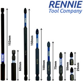 8 Piece Rennie Tool Magnetic 60mm and 152mm Professional Impact Bit Holders with 2 x 25mm Pozidriv PZ2 Screwdriver Impact Bits & 1 x 50mm/75mm/100mm/150mm Long Pozidriv PZ2 Screwdriver Impact Bit