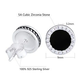 KRKC&CO Black Stud Earrings for Men, Round Onyx Silver Mens Earrings Hypoallergenic S925, Micro Pave 5A CZ Stones, Hip Hop Street-wear Rapper Earring for Men and Women(Black Onyx)