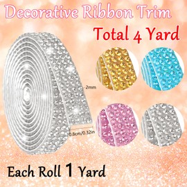 Teqooza Self Adhesive Rhinestone Ribbon Crystal Strips with 2mm Diamond Bling Rhinestones Tape Roll for DIY Craft Car Phone Wedding Jewelry Decoration, Roll of 4