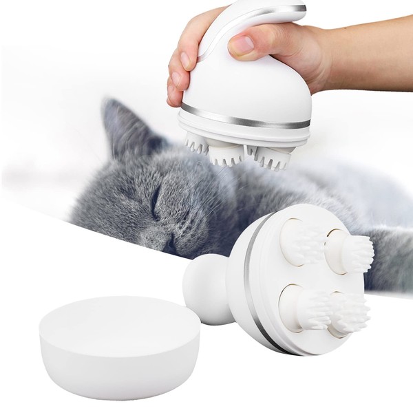 Cat Massage, Electric Head Massager with USB Charging, 4 Heads, 84 Massage Nodes, Scalp Massager for Pets (Curved Handle White)