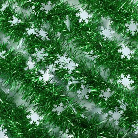 Christmas Tree Tinsel Garland Xmas Snowflake Tinsel Garland 33 Feet Christmas Metallic Twist Garland Xmas Garland Decoration for Christmas Tree Wreath Birthday Wedding Party Supplies (Green)