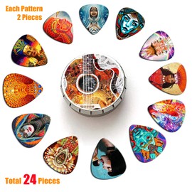 THIVENNY Guitar Picks 24 Medium Pack with Tin Box,Unique Artistic Celluloid Guitar Pick for Bass Electric Guitar Acoustic Guitar Lovers Gift (Mix-4) (1002-1)