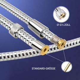 FEVONE Shower Hose 2 m Smooth PVC Transparent Silver Foil, Plastic Shower Hose with Brass Connections, Universal Connection 1/2 Inch Kink and Twist-Proof, Leak-Proof