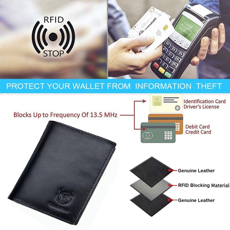 BULLCAPTAIN Men Leather Wallet RFID Blocking Antimagnetic Genuine Leather 15