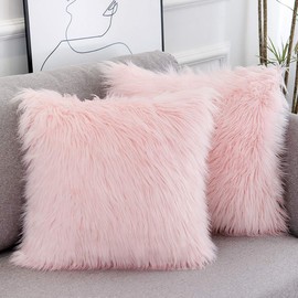 WLNUI Set of 2 Pink Fluffy Pillow Covers New Luxury Series Merino Style Blush Faux Fur Decorative Throw Pillow Covers Square Fuzzy Cushion Case 16x16 Inch