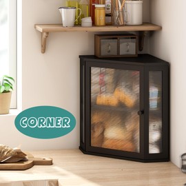 viewcare Corner Bread Box for Kitchen Counter, Bamboo Wood Large Capacity Bread Storage Bin with Acrylic Wavy Door Panel (Black, Extra Large)