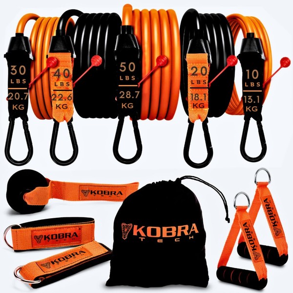 Kobra Tech Resistance Bands Set – 11 Pc. Kit with 5 Adjustable-Resistance Exercise Bands, Handles, and Ankle Straps – Workout Bands for at-Home Fitness, Strength Training, and Physical Therapy