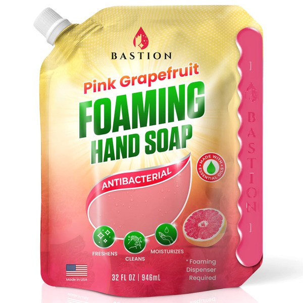 Bastion Foaming Hand Soap Refills Pink Grapefruit Scented Antibacterial Hand Wash Refill 32oz Pouch- Bulk Hand Soap - Made In The USA.