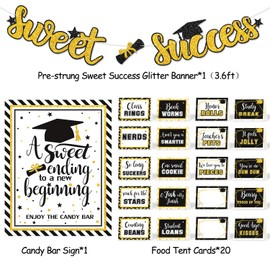 2020 Graduation Candy Bar Black and Gold Tent Cards Set - Graduation Candy Bar Dessert Buffet Decorations Sweet Success Glitter Banner A Sweet Ending to A New Beginning Sign Label Tent Cards Set