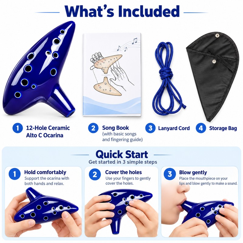 12 Hole Alto C Ceramic Ocarina – Handmade Blue Wind