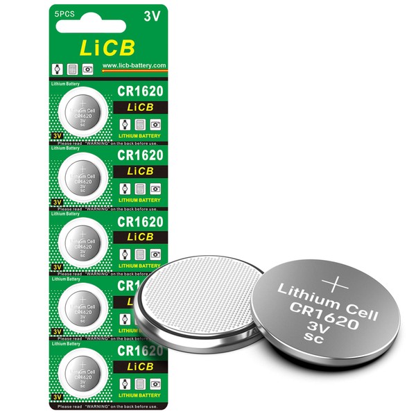 LiCB 5 Pack CR1620 Battery, Long-Lasting & High Capacity CR 1620 Lithium Batteries,3V CR1620 Coin & Button Cell for Car Remote & Key Fob