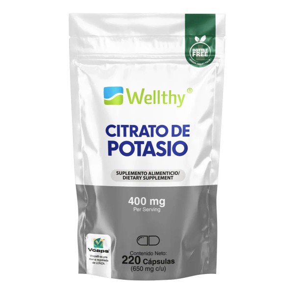 Wellthy Citrato De Potasio 400mg, 220caps Sin sabor