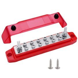 Ampper Power Distribution Block Bus Bar 12V, 2 x M6 (1/4") Studs & 12 x M4 (#8) Screws, 6.3" 150A Marine BusBar Battery Distribution Block W/Cover for Car Boat Solar (Red)