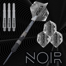 Unicorn Steel Tip Darts Set | Noir Style 3 | 90% Tungsten Barrels with Black Titanium Coating & Black Volute Points | 22 g