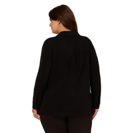 Adrianna Papell Women's Plus Size Knit Utility Top with Long Sleeves and Chest Pockets, Black