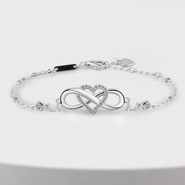 Yaneno Women's Infinity Bracelet 925 Sterling Silver Crystal Zircon Endless Love Heart Symbol Charm Adjustable (White Gold)