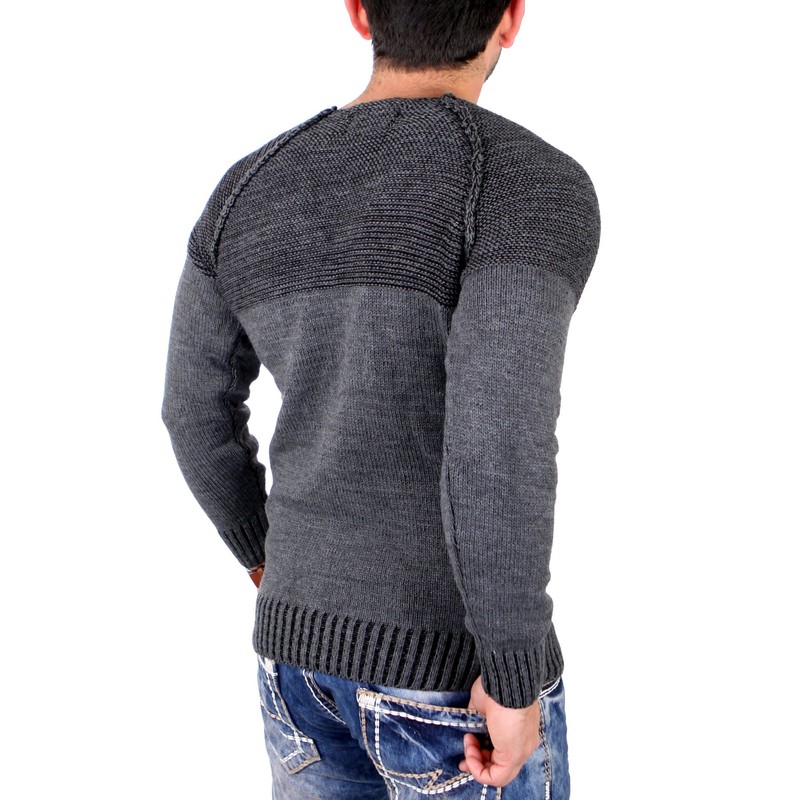 Reslad RS-16081 Men's Knitted Pullover Two Tone Crew Neck Chunky