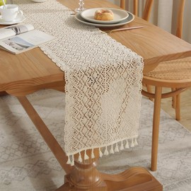 Meioro Camino de mesa de encaje de ganchillo, 12 x 78 pulgadas, estilo bohemio de algodón con borlas, decoración de mesa rústica de granja de 78 pulgadas de largo, decoración de mesa tejida de malla