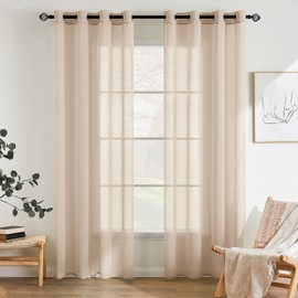 EMEMA Set of 2 Sheer Voile Curtains with Eyelets Transparent Voile Polyester Eyelet Curtain Transparent Living Room Airy Decorative Curtain for Bedroom 140 x 145 cm (W x H) Beige