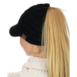C.C BeanieTail Warm Knit Messy High Bun Ponytail Visor Beanie Cap, Black
