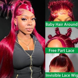 ANDRIA 13X4 HD Lace Front Wigs Burgundy Straight Hair Glueless Lace Wigs 200% Density Wine Red Long Straight Natural Wig Pre Plucked Lace Frontal Wigs With Baby Hair For Black Women 32 Inches