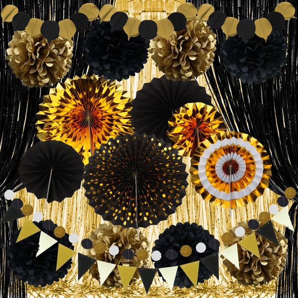 ZERODECO Gold Black Party Decorations, Paper Fan Pom Poms Garland