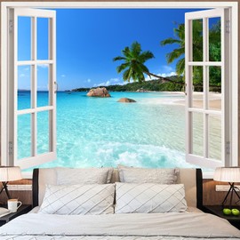 Leeisysme Beach Landscape Tapestry, Tropic Ocean Sea Island Palm Tree Seaside Tapestries for Living Room Summer Window Wall Hanging Teal Wave 36×48 Inch