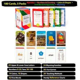 Think Tank Scholar Flash Cards for Preschool, Pre K and Kindergarten Set of 5, 180 Cards - Learn Alphabets, Colors, Number, Shapes Animals & Sight Words - Educational Flashcards for Kids 2-5 Years